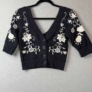 Vintage Y2K Bebe Navy  Cropped Floral Embroidered Cardigan Sweater  V Neck Sz S
